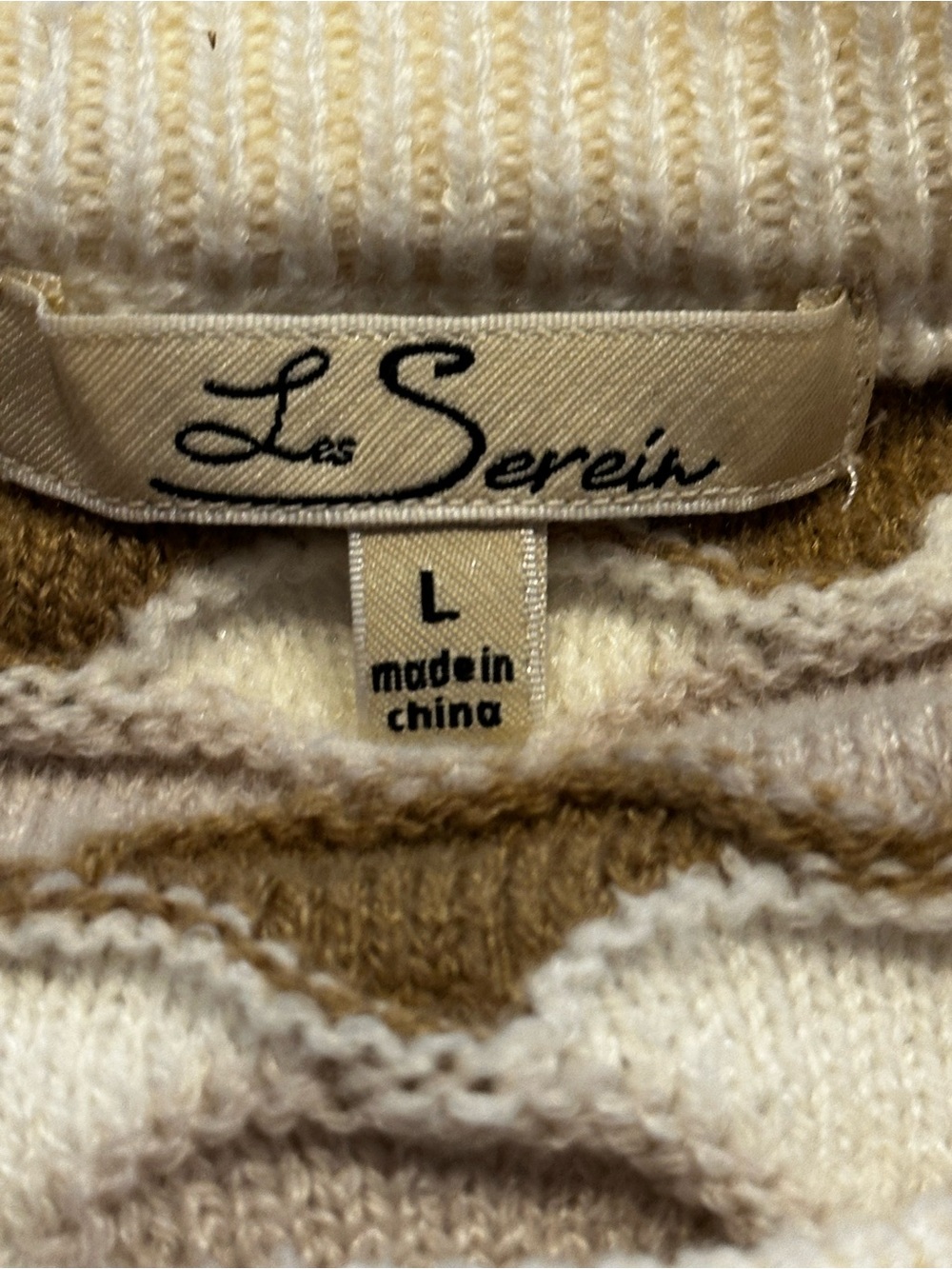 Les Serein Camel & Ivory Chevron Print Mod Short Sleeve Sweater Sz L Boho Chic - Picture 4 of 8